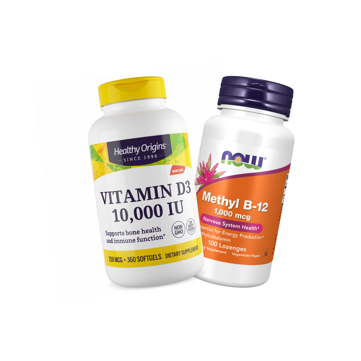Combo Healthy Origins Vitamina D3 10000 IU, 360 Softgels + Now Foods Vitamina B12 Metilcobalamina 1000 mcg, 100 Pastilhas