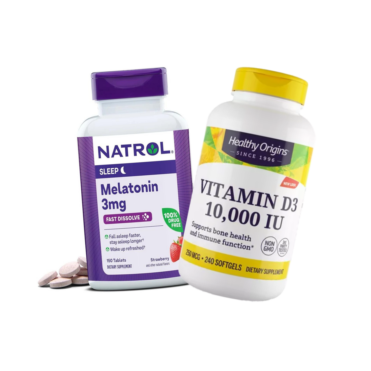 Combo Healthy Origins Vitamina D3 10000 IU, 240 Softgels + Natrol Melatonina Dissolução Rápida de Morango 3 mg, 150 Comprimidos