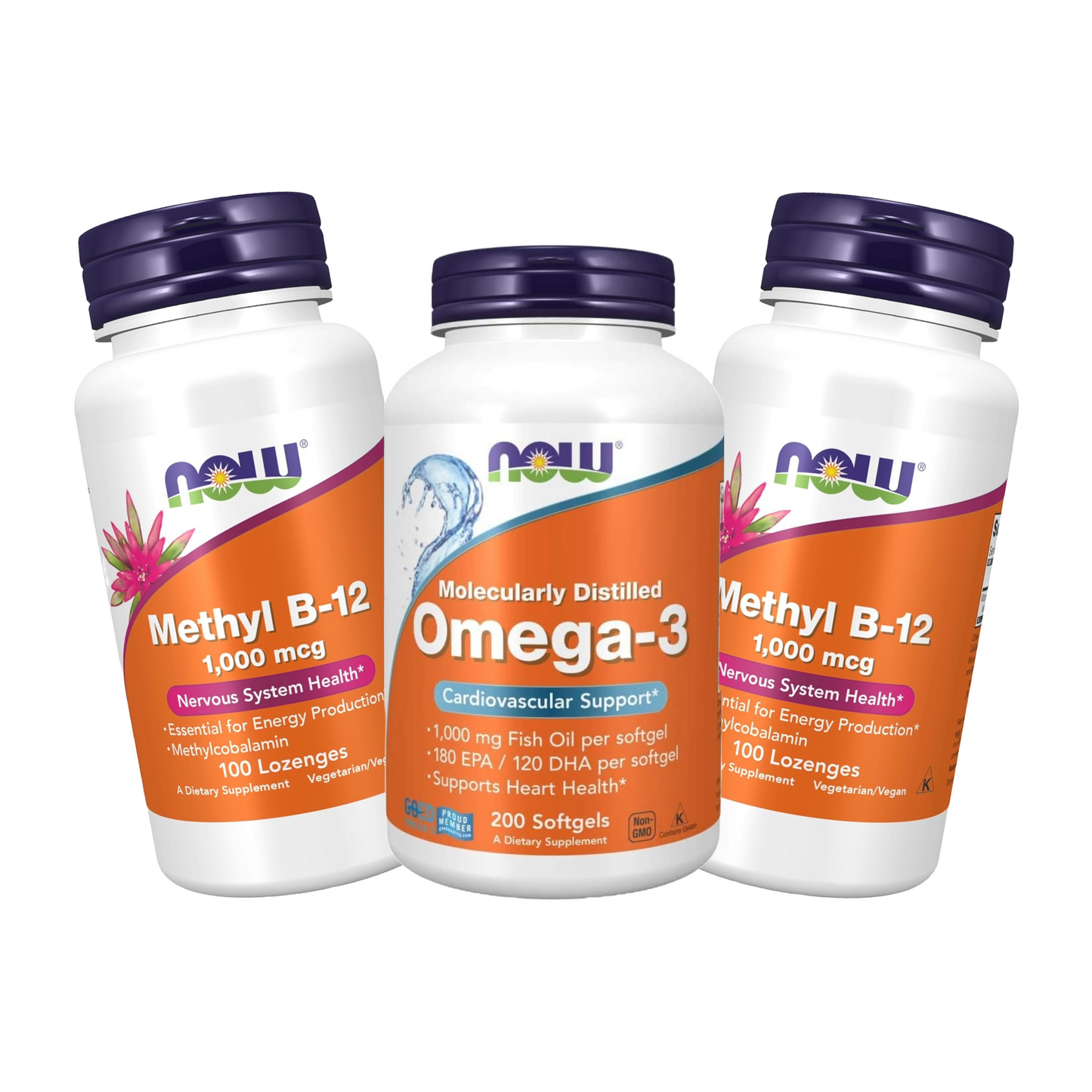 Combo 1 NOW Foods Ômega-3 1000 mg 180 EPA 120 DHA 200 Softgel + 2 NOW Foods Metil B-12 1000 mcg 100 Pastilhas