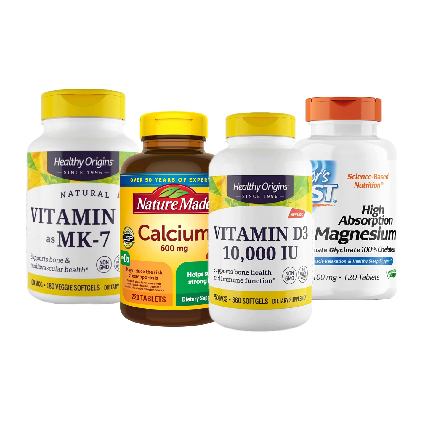 Combo Nature Made Cálcio 600 mg com Vitamina D3, 220 Comprimidos + Doctor's Best Magnésio de Alta Absorção 100 mg, 120 Comprimidos + Healthy Origins Vitamina K2 MK7 100 mcg, 180 Softgels
