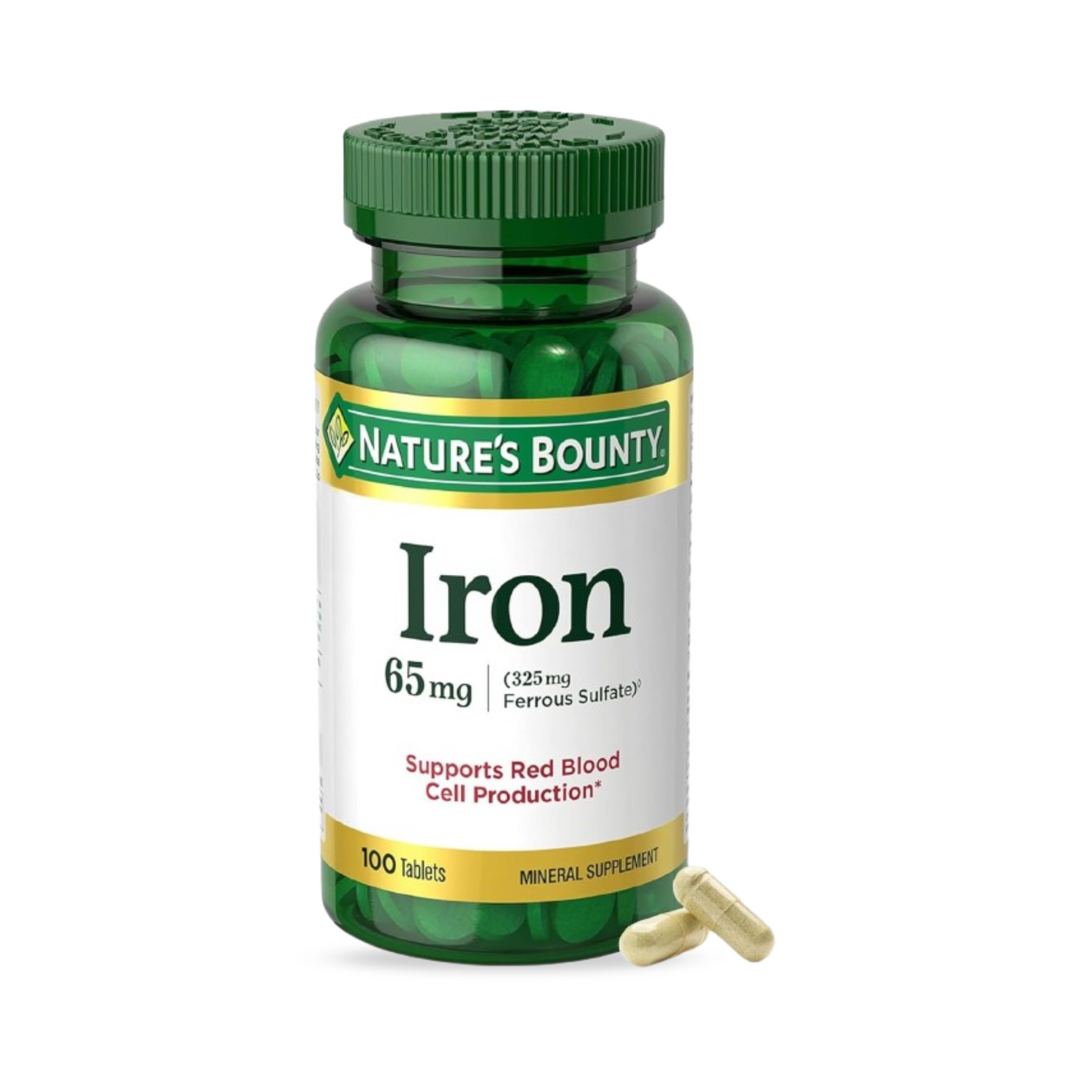 Nature's Bounty, Ferro, 65mg (como 325mg de Sulfato Ferroso), 100 Comprimidos