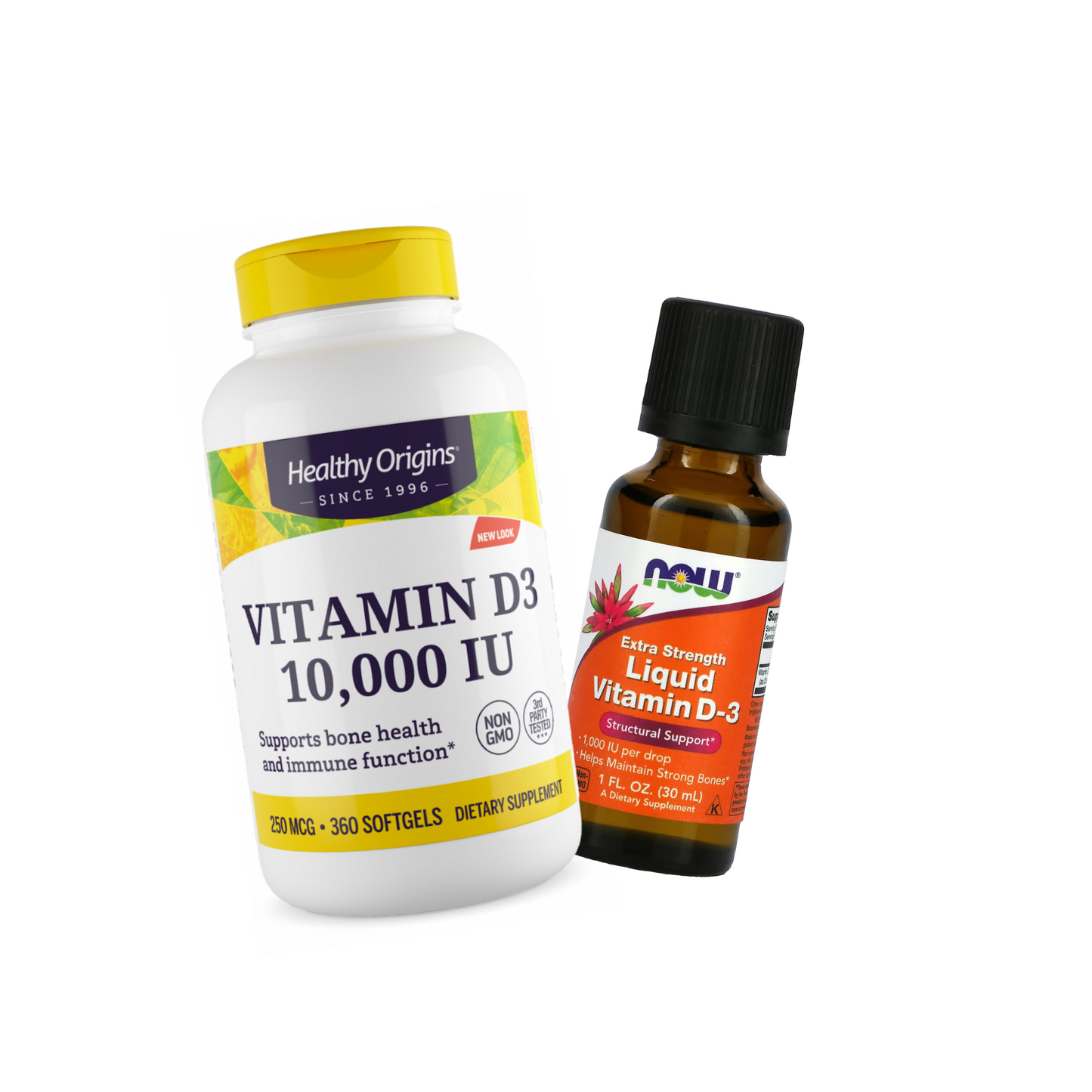 Combo Healthy Origins Vitamina D3 10000 IU, 360 Softgels + NOW Foods Vitamina D3 Líquida Força Extra 25 mcg (1000 UI), 30 ml