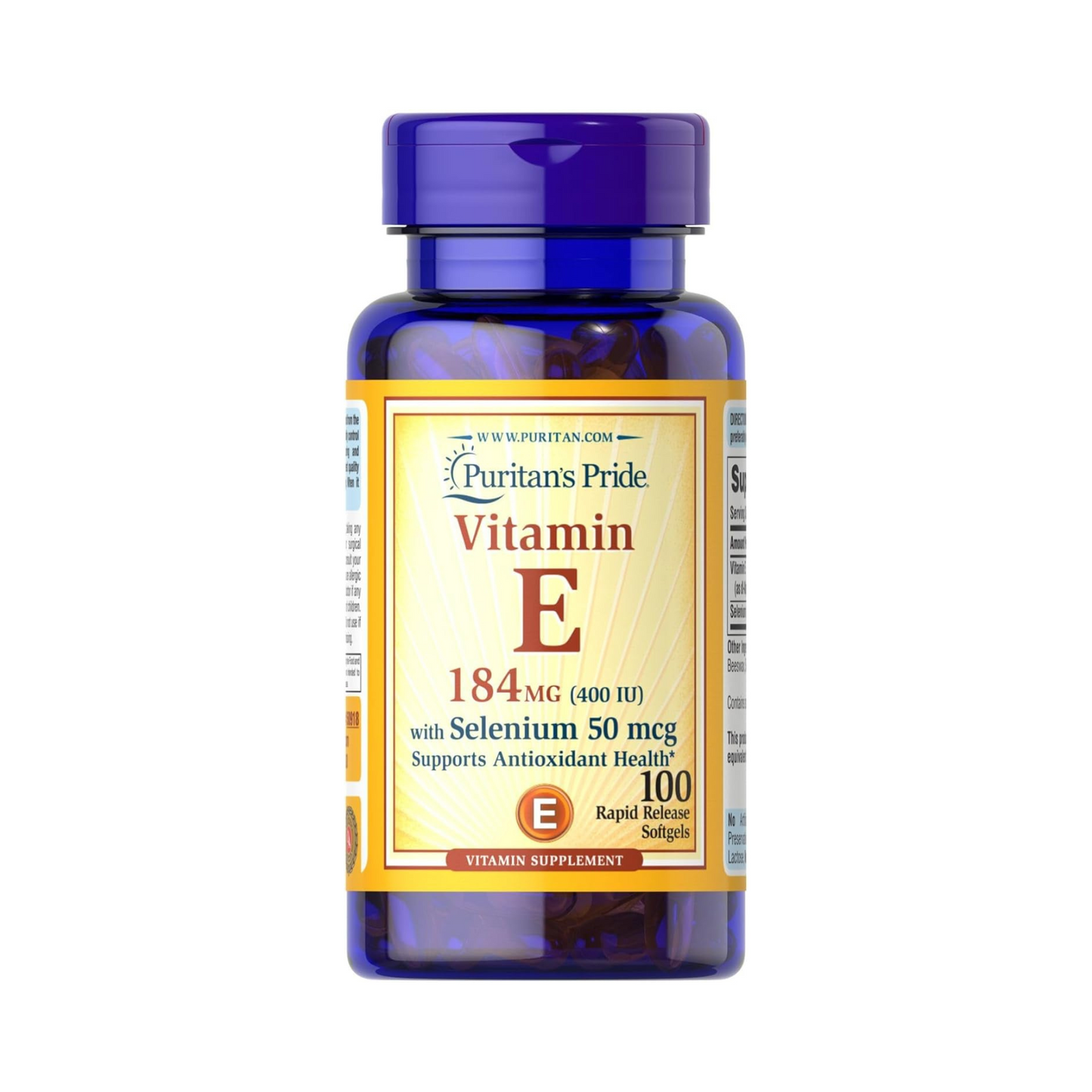 Puritan's Pride Vitamina E 184mg (400 UI) com Selênio 50mcg, 100 Softgels