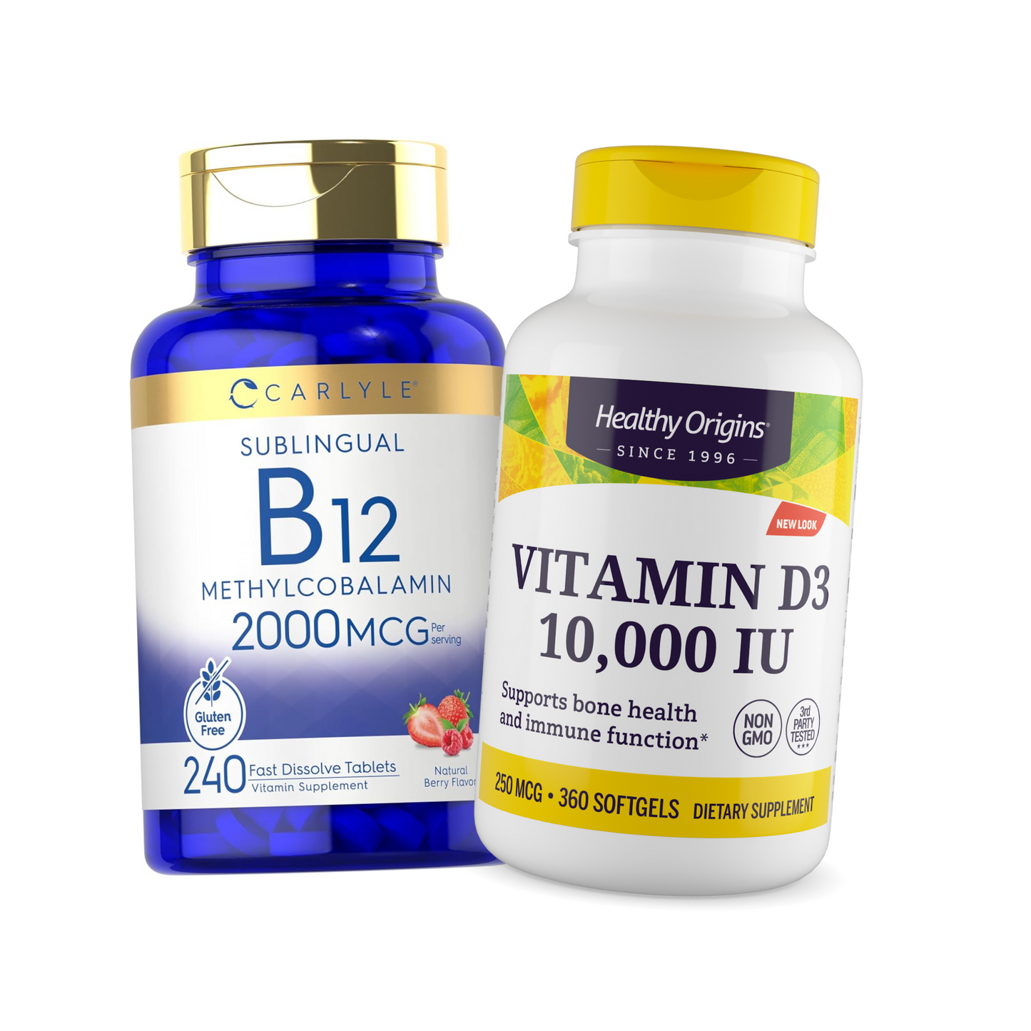 Combo Healthy Origins Vitamina D3 10000 UI 360 Softgels + Carlyle Vitamina Methyl B-12 2000 MCG em 2 Cápsulas 240 Cápsulas
