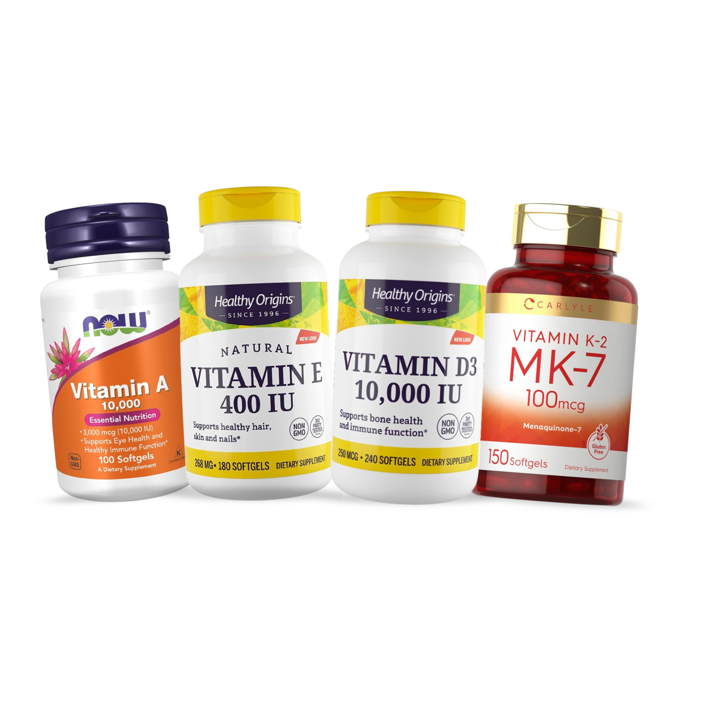 Combo Now Vitamina A 10.000 IU 100 Softgels + Healthy Origins Vitamin D3 10.000 IU 240 Softgels + Carlyle K2 MK7 100 mcg 150 Softgels + Healthy Origins Vitamin E 400 IU 180 Softgels