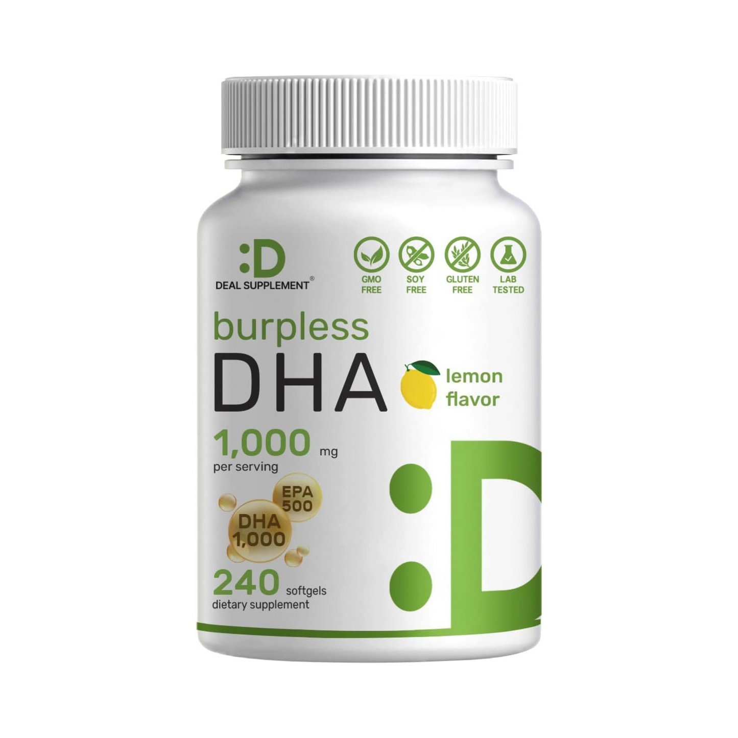 DEAL Supplement DHA 1000 mg EPA 500mg dosagem em 2 Cápsulas 240 Cápsulas Softgel Sabor Limão