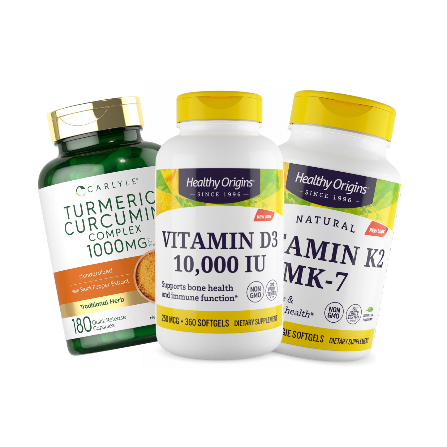 Combo Healthy Origins Vitamina D3 10000 IU, 360 Softgels + Healthy Origins Vitamina K2 MK7 100 mcg, 180 Softgels + Carlyle Curcumina 1000 mg, 180 Cápsulas