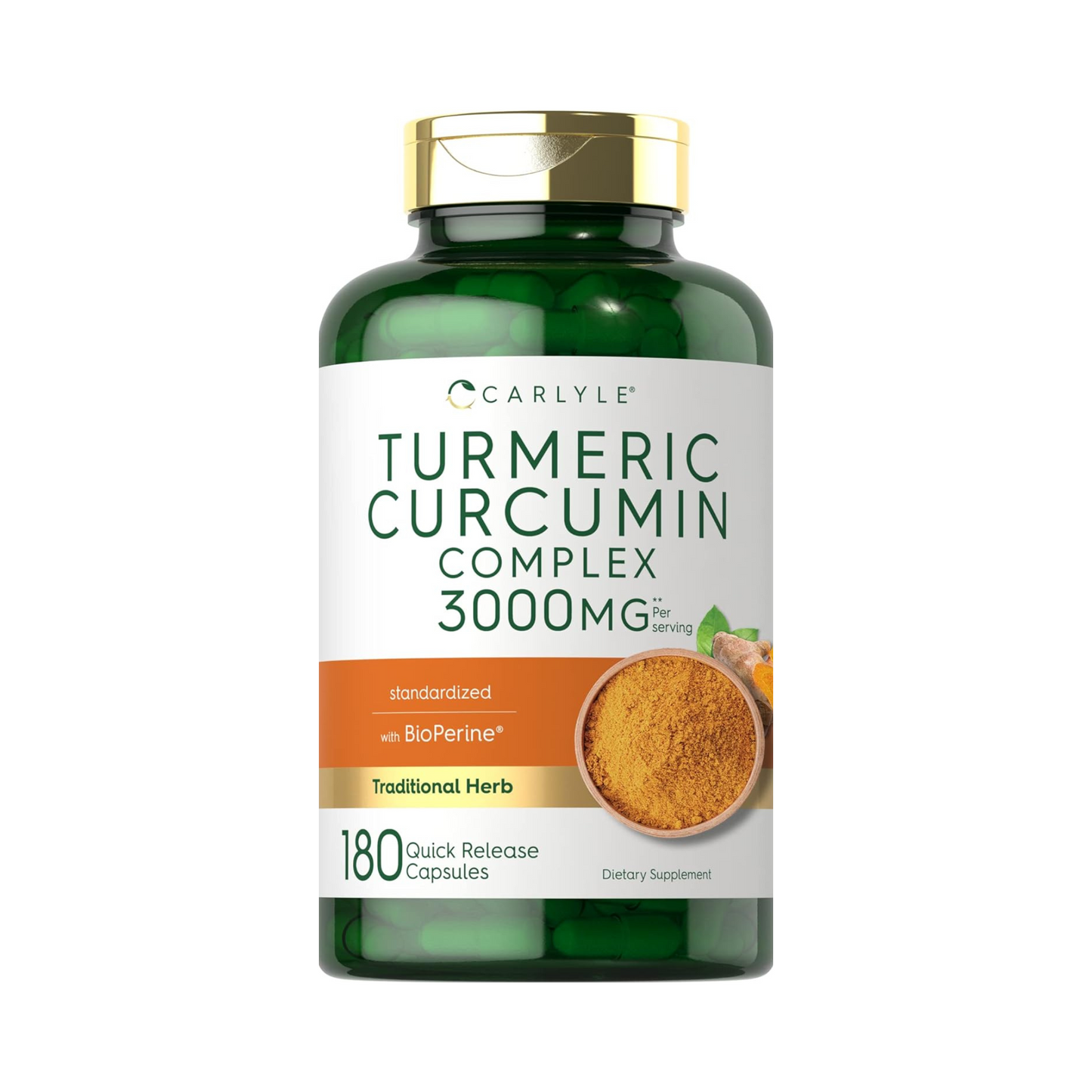 Carlyle Cúrcuma, Turmeric Curcumin, 3000 mg por 3 Cápsulas, com Pimenta-Preta, Curcuminoides e Bioperine, 180 Cápsulas