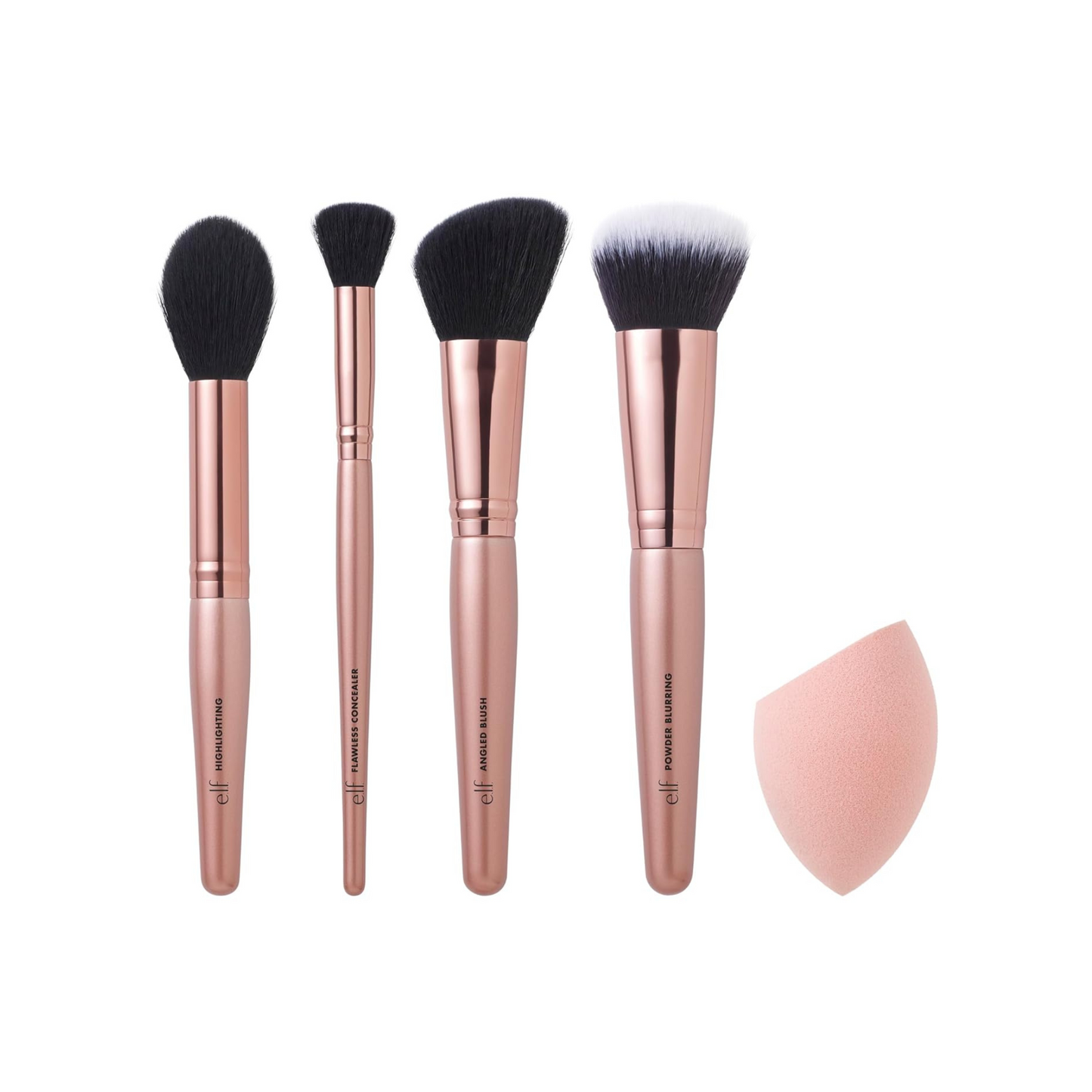 e.l.f. Kit Complexion Essentials, Pincéis para Corretivo, Pó, Blush e Iluminador + Esponja, Vegano e Livre de Crueldade