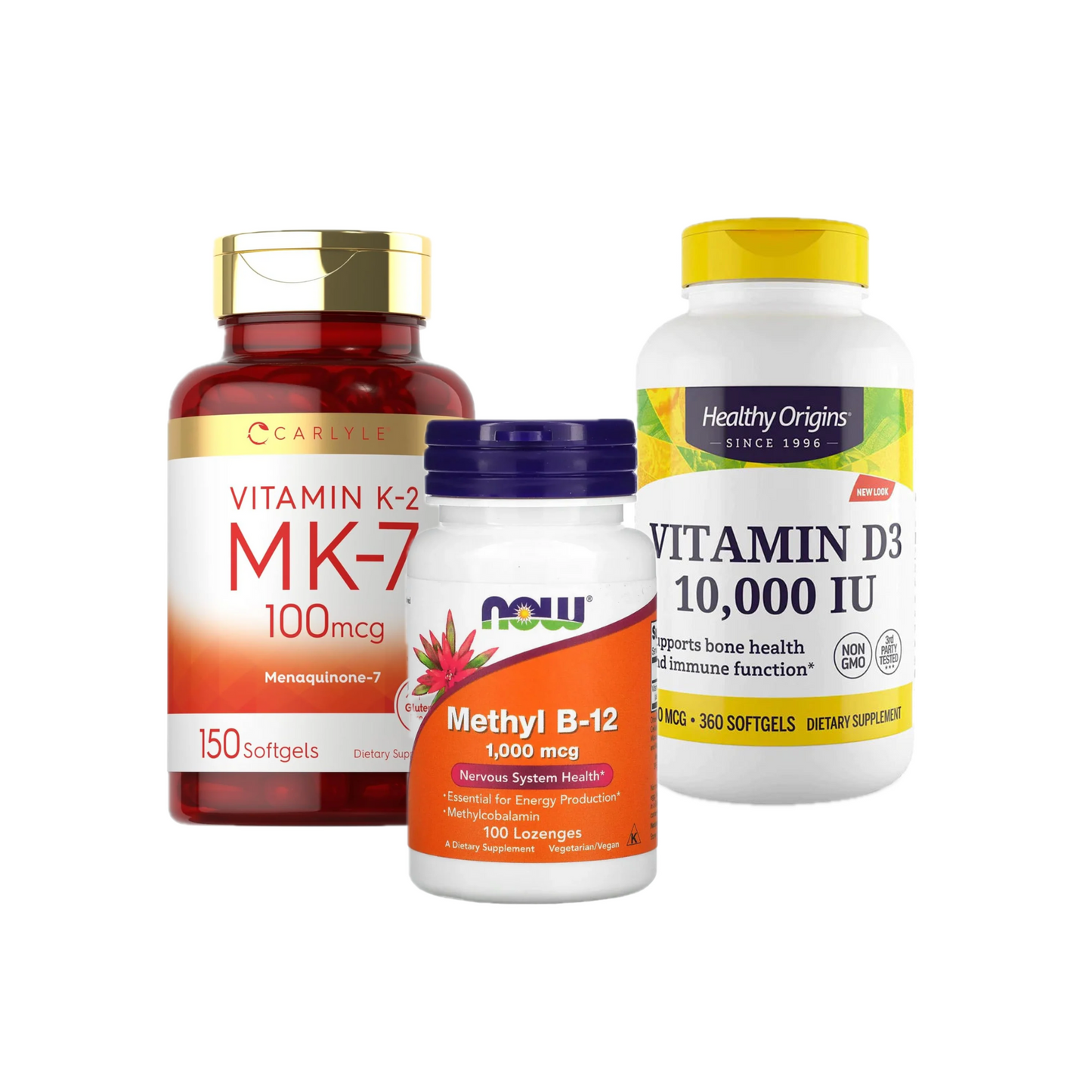 Combo Carlyle Vitamina K2 MK7 100 mcg, 150 Cápsulas + Healthy Origins Vitamina D3 10000 UI, 360 Softgels + Now Foods Metil B12 1000 mcg, 100 Pastilhas