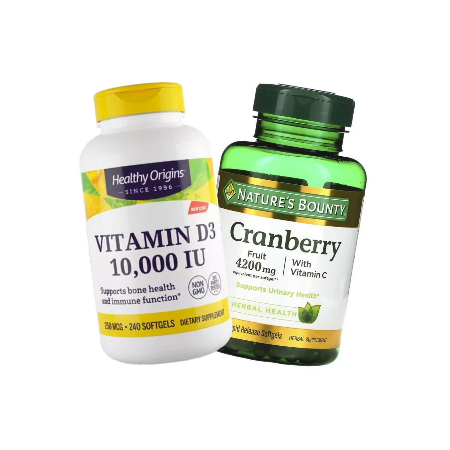 Combo Healthy Origins Vitamina D3 10000 IU, 240 Softgels + Nature's Bounty Cranberry com Vitamina C, 250 Cápsulas Softgel