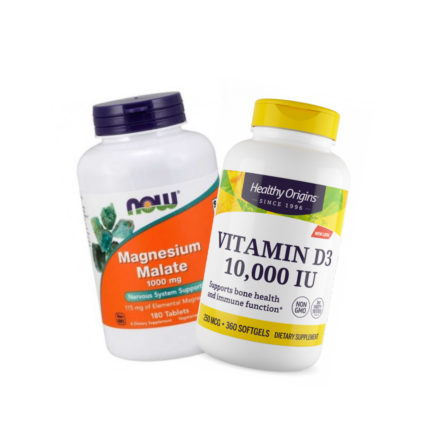 Combo NOW Magnesium Malate 1000 mg, 180 Tabletes + Healthy Origins Vitamina D3 10000 IU, 360 Softgels