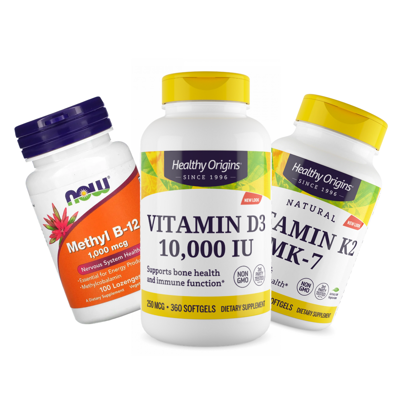 Combo Healthy Origins Vitamina D3 10000 IU, 360 Softgels + Healthy Origins Vitamina K2 MK7 100 mcg, 180 Softgels + NOW Foods Metil B-12 1000 mcg, 100 Pastilhas