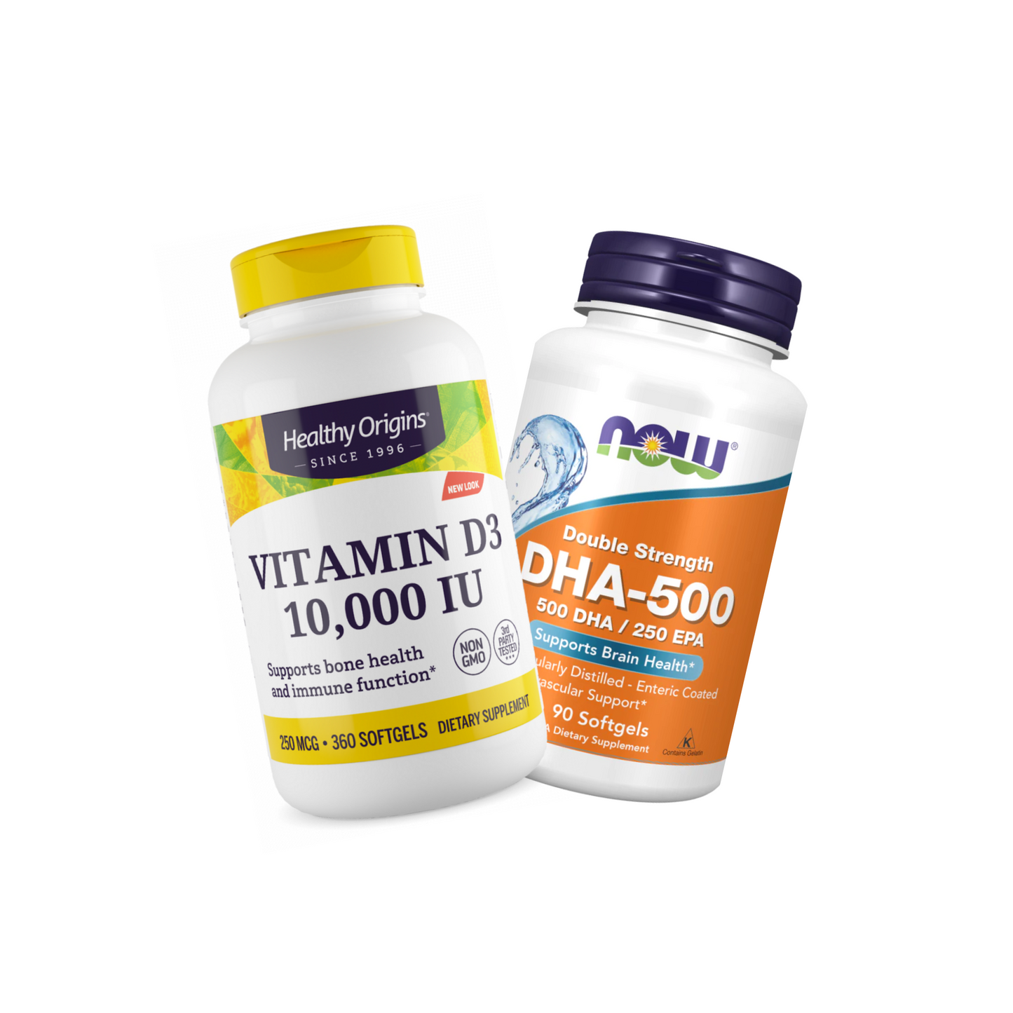 Combo Healthy Origins Vitamina D3 10000 IU, 360 Softgels + Now Foods Ômega 3 1000 mg, DHA 500 mg, EPA 250 mg, 180 Softgels