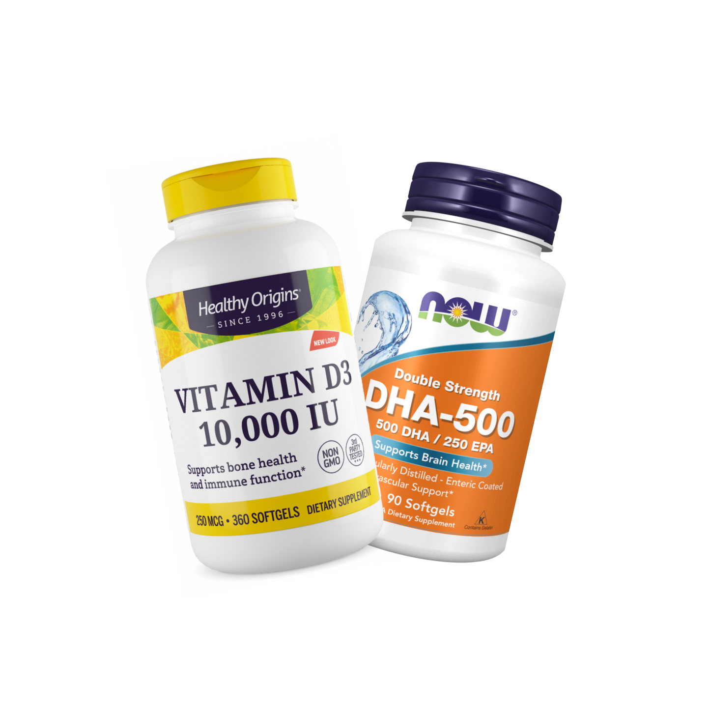 Combo 1 Healthy Origins Vitamina D3 10000 IU 360 Softgels + 1 Now Foods Omega 3 1000 mg DHA 500  EPA 250 180 Softgels