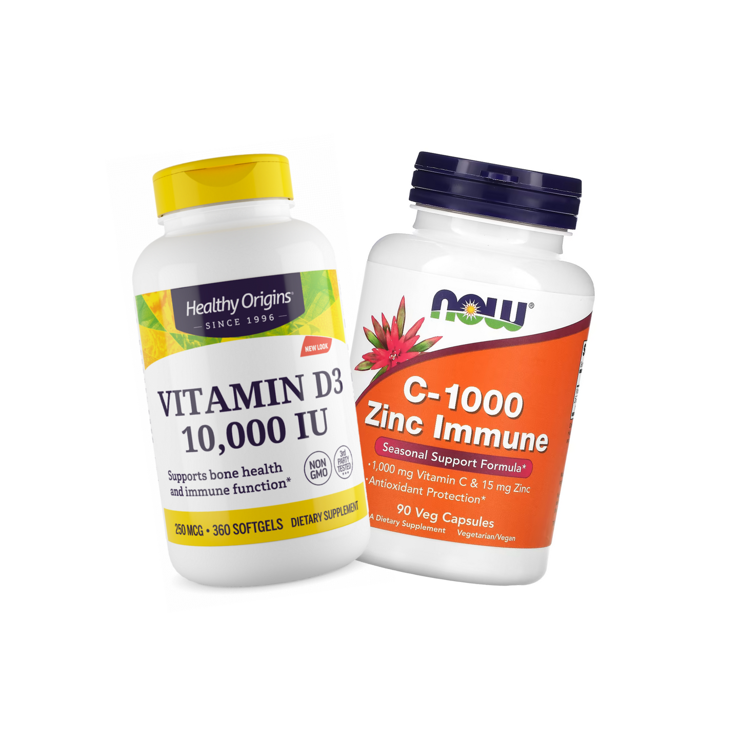 Combo Healthy Origins Vitamina D3 10000 IU, 360 Softgels + Now C-1000 Zinc Immune, Vitamina C 1000 mg e Zinco 15 mg, 90 Cápsulas Vegetais
