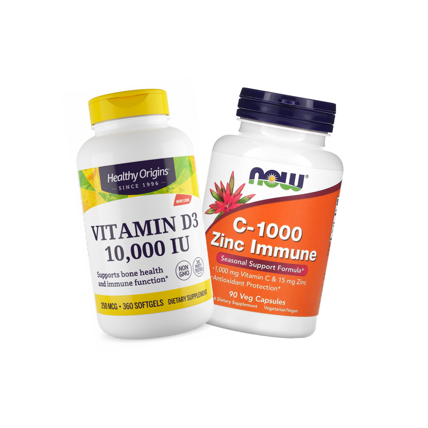 Combo 1 Healthy Origins, D3, 10000IU, 360 Softgels + 1 Now C-1000 Zinc Immune, Vitamina C, 1.000MG e Zinco, 15MG, 90 Cápsulas Vegetais