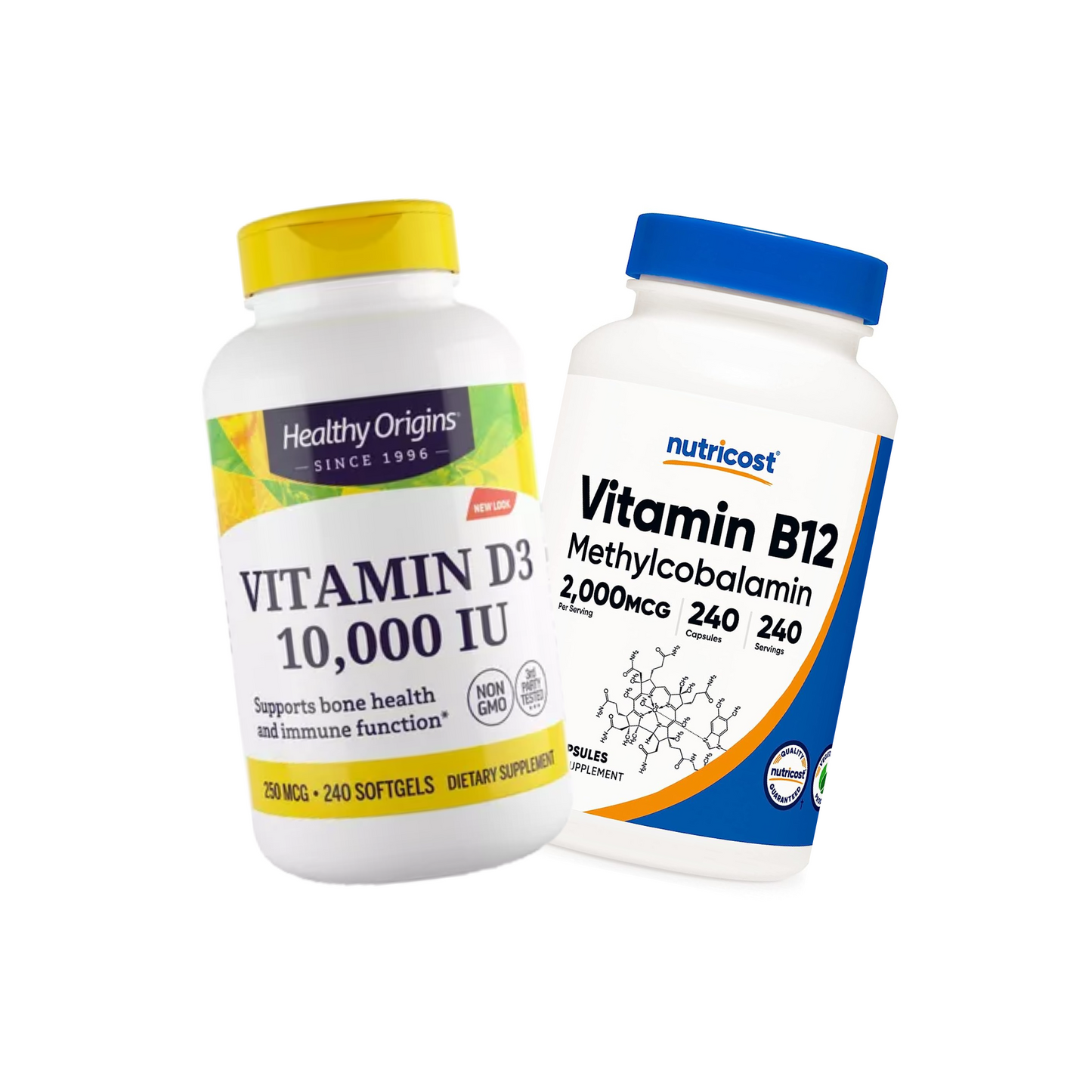 Combo Healthy Origins Vitamina D3 10000 IU, 240 Softgels + Nutricost Vitamina B12 (Metilcobalamina) 2000 mcg, 240 Cápsulas
