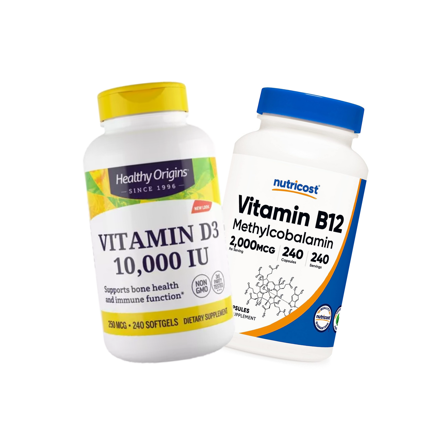 Combo 1 Healthy Origins, D3, 10000IU, 240 Softgels + 1 Nutricost, Vitamin B12 (Methylcobalamin) 2000MCG, 240 Capsules