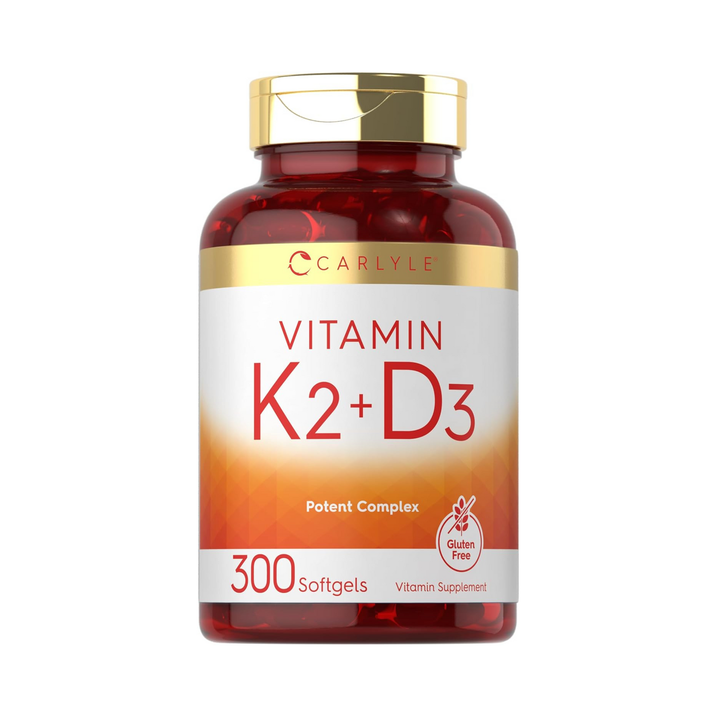 Carlyle Vitamina K2 MK7 e D3, 200 mcg e 10.000 UI (dosagem em 2 cápsulas), 300 Cápsulas Gelatinosas