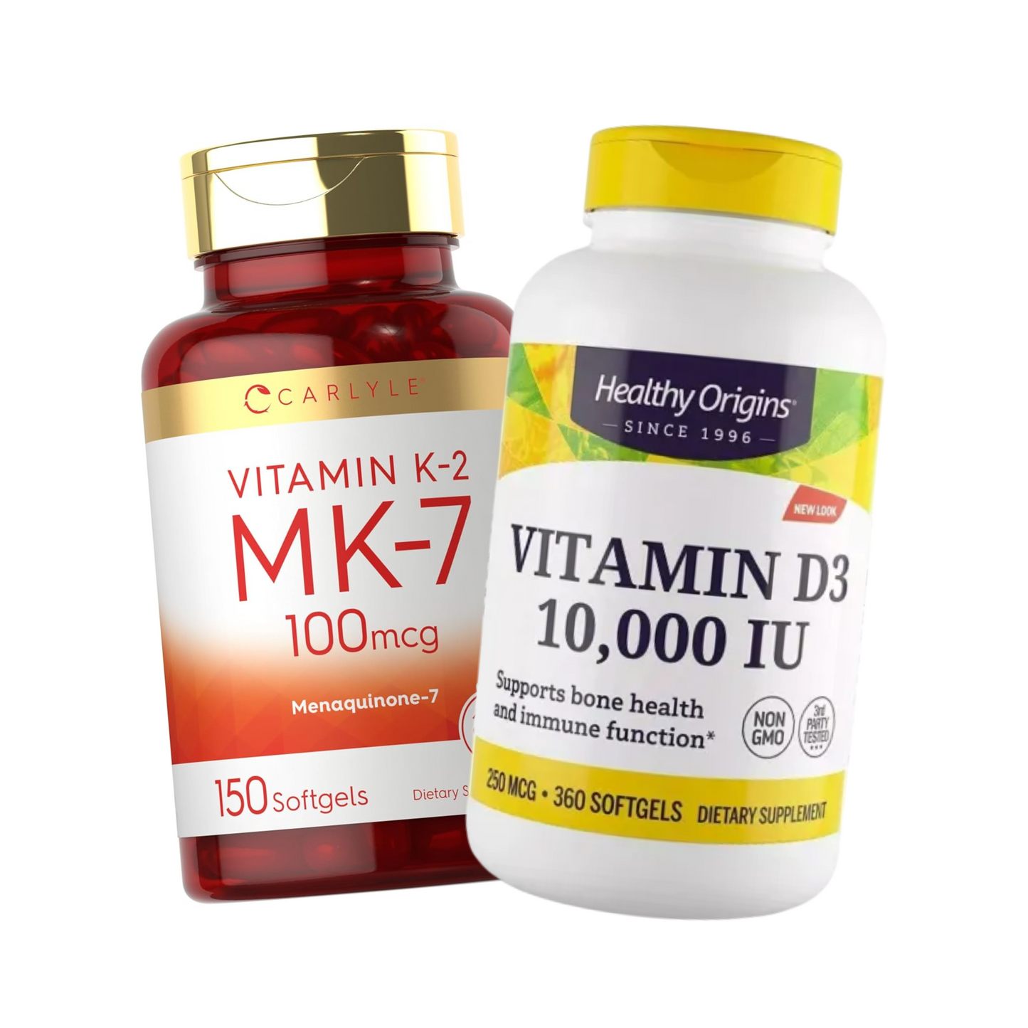 Combo Carlyle Vitamina K2 MK7 100 mcg, 150 Softgels + Healthy Origins Vitamina D3 10.000 UI, 360 Softgels