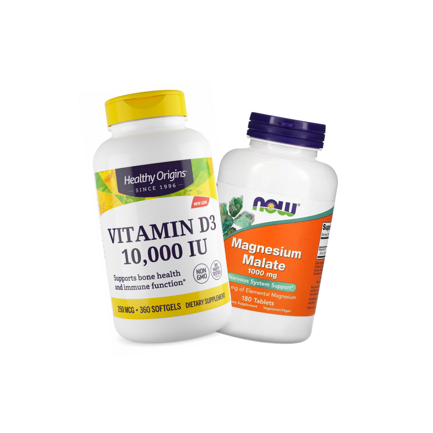 Combo Healthy Origins Vitamina D3 10000 IU, 360 Softgels + NOW Foods Magnésio Dimalato 1000 mg, 180 Comprimidos