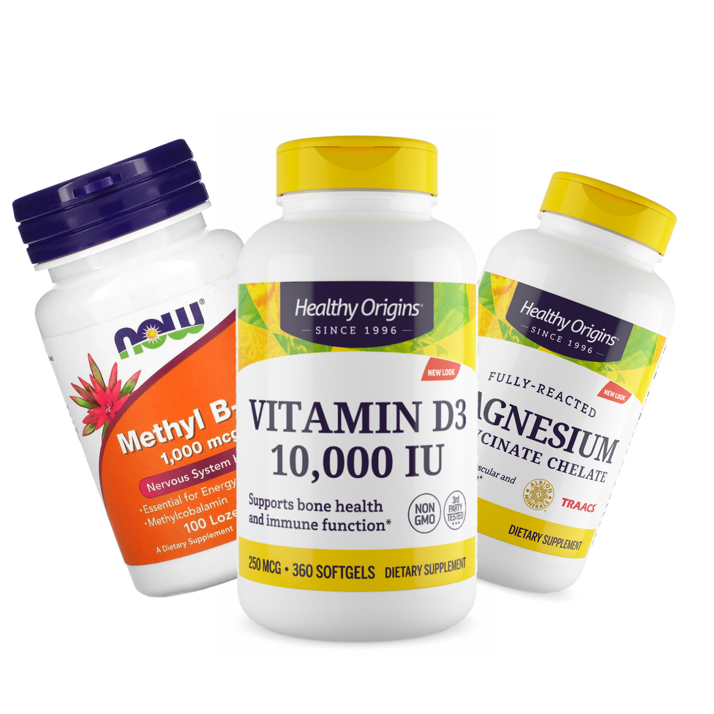 Combo NOW Foods Methyl B-12, 100 Lozenges + Healthy Origins Vitamina D3, 360 Softgels + Healthy Origins Bisglicinato de Magnésio, 120 Comprimidos