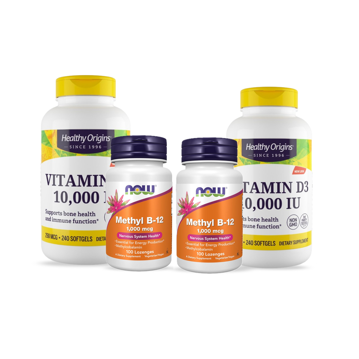 Combo 2x Now Vitamina B12 1000 mcg, 100 Comprimidos Sublinguais + 2x Healthy Origins Vitamina D3 10.000 UI, 240 Softgels