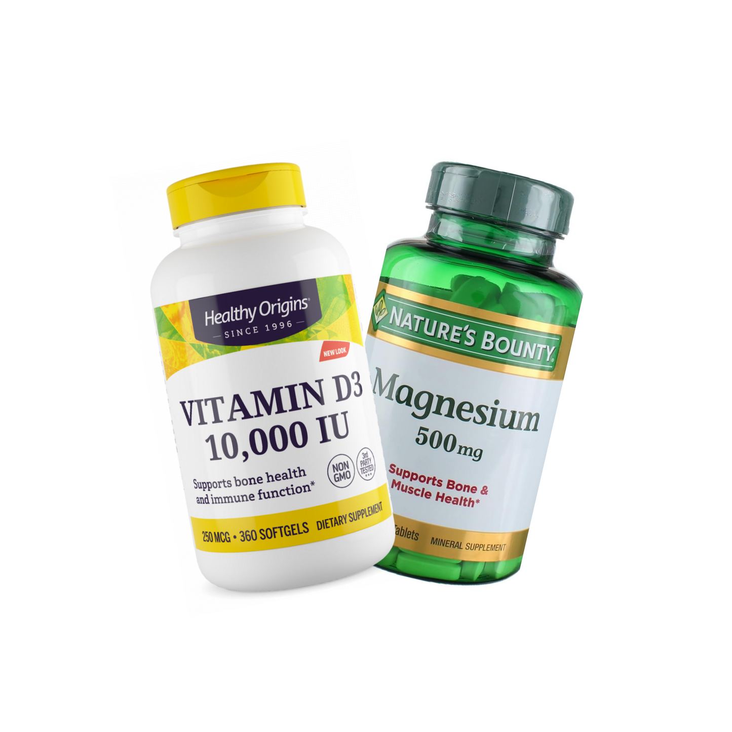 Combo Healthy Origins Vitamina D3 10000 IU, 360 Softgels + Nature's Bounty Magnésio 500 mg, 200 Cápsulas