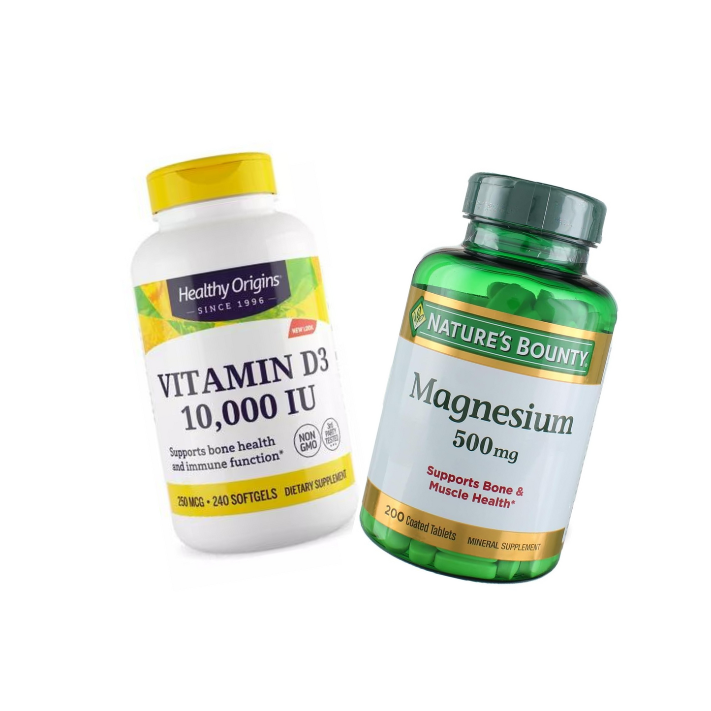 Combo Healthy Origins Vitamina D3 10000 IU, 240 Softgels + Nature's Bounty Magnésio 500 mg, 200 Cápsulas