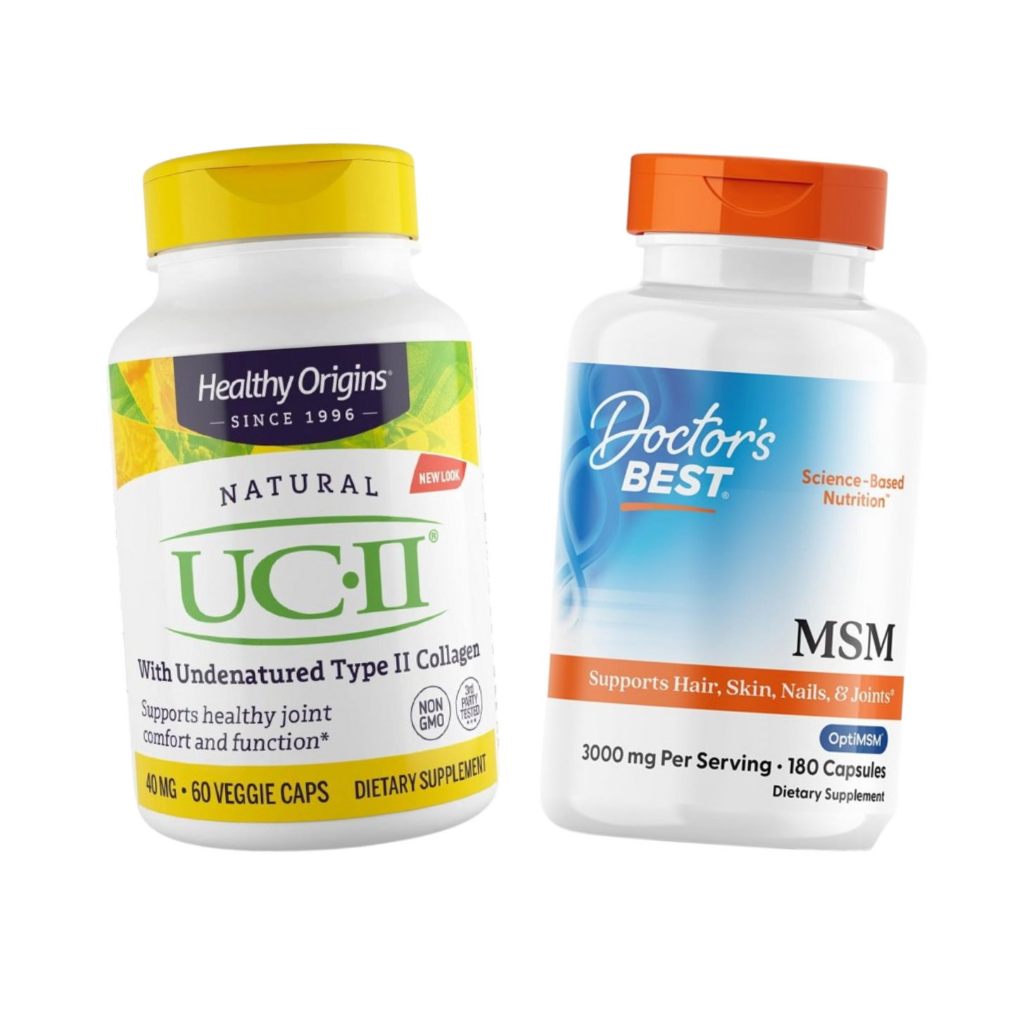 Combo Healthy Origins UC-II 40 mg (Colágeno Tipo II) 60 Cápsulas + Doctor's Best MSM 3000 mg por Porção, 180 Cápsulas