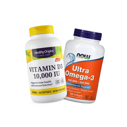 Combo 1 Healthy Origins, D3, 10000IU, 360 Softgels + 1 Now Foods Ultra Omega 3 1000 MG EPA 500 DHA 250 180 Softgels