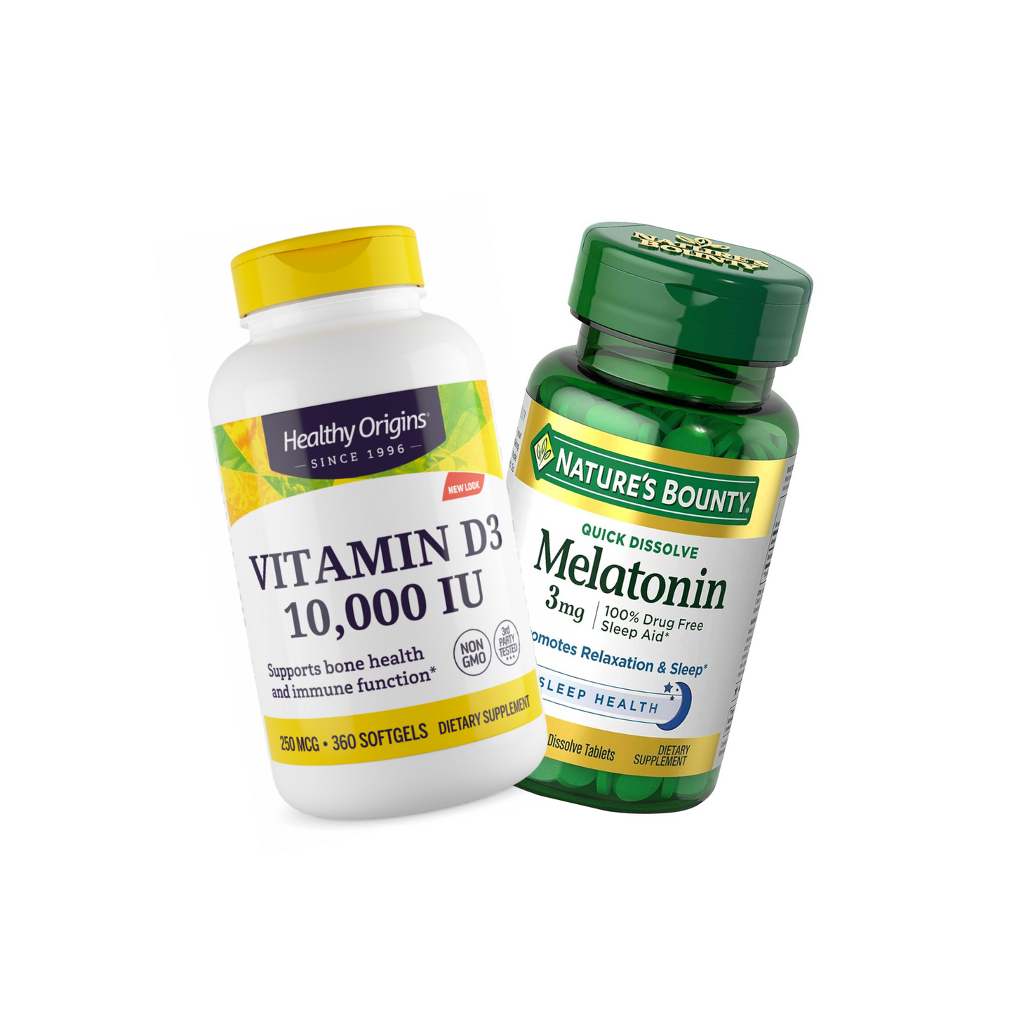 Combo 1 Healthy Origins, D3, 10000IU, 360 Softgels + 1 Nature's Bounty, Melatonina, 3 mg, 240 Comprimidos