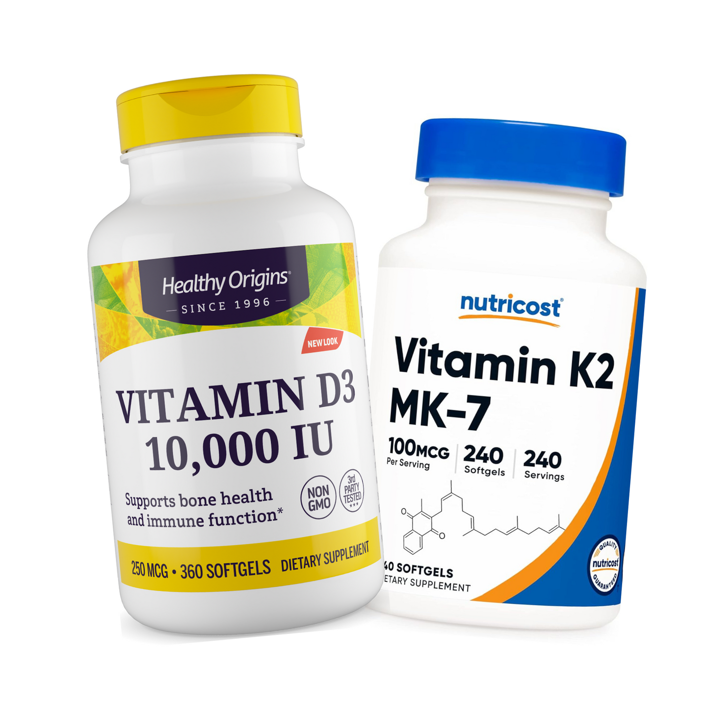 Combo Nutricost Vitamina K2 MK-7 100 mcg, 240 Softgels + Healthy Origins Vitamina D3 10.000 UI, 360 Softgels