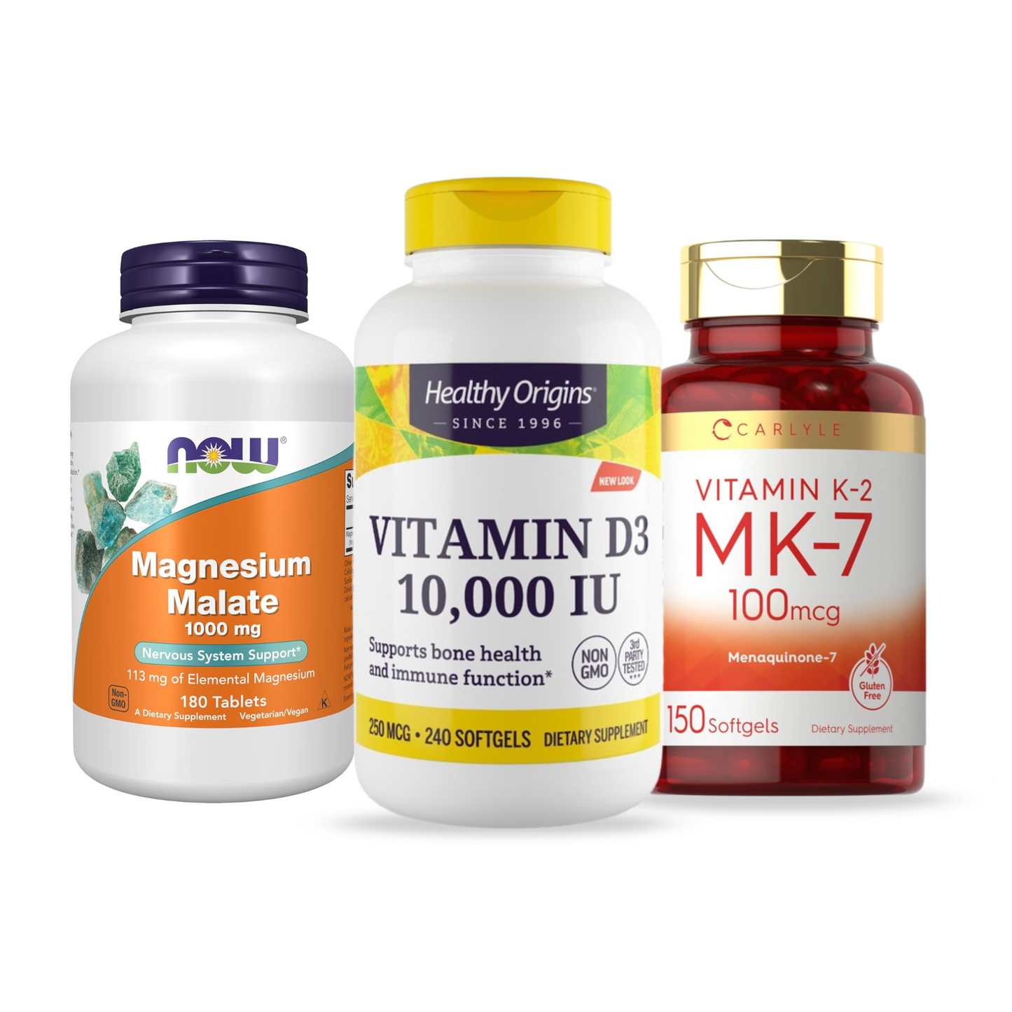 Combo Healthy Origins Vitamina D3 10.000 UI, 240 Softgels + Carlyle Vitamina K2 MK7, 100 mcg, 150 Softgels + NOW Foods Magnésio Malato 1000 mg, 180 Comprimidos