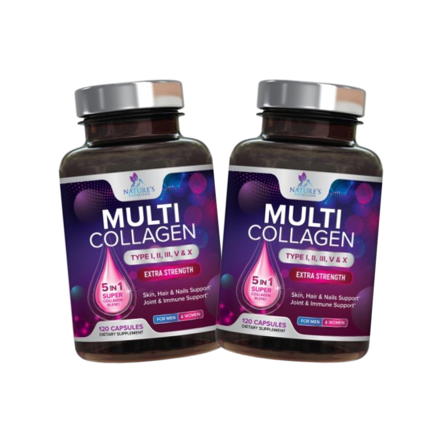 Combo 2x Nature's Nutrition Colágeno Para Mulheres & Homens - Tipo I, II, III, V, X 120 Cápsulas