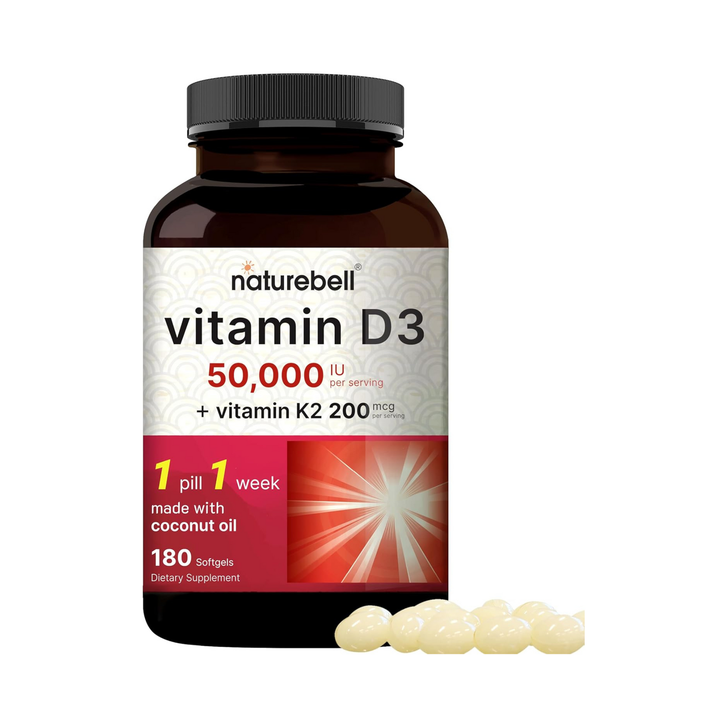 NatureBell Vitamina D3 50.000 UI + K2 MK-7 200 mcg com Óleo de Coco, 180 Cápsulas