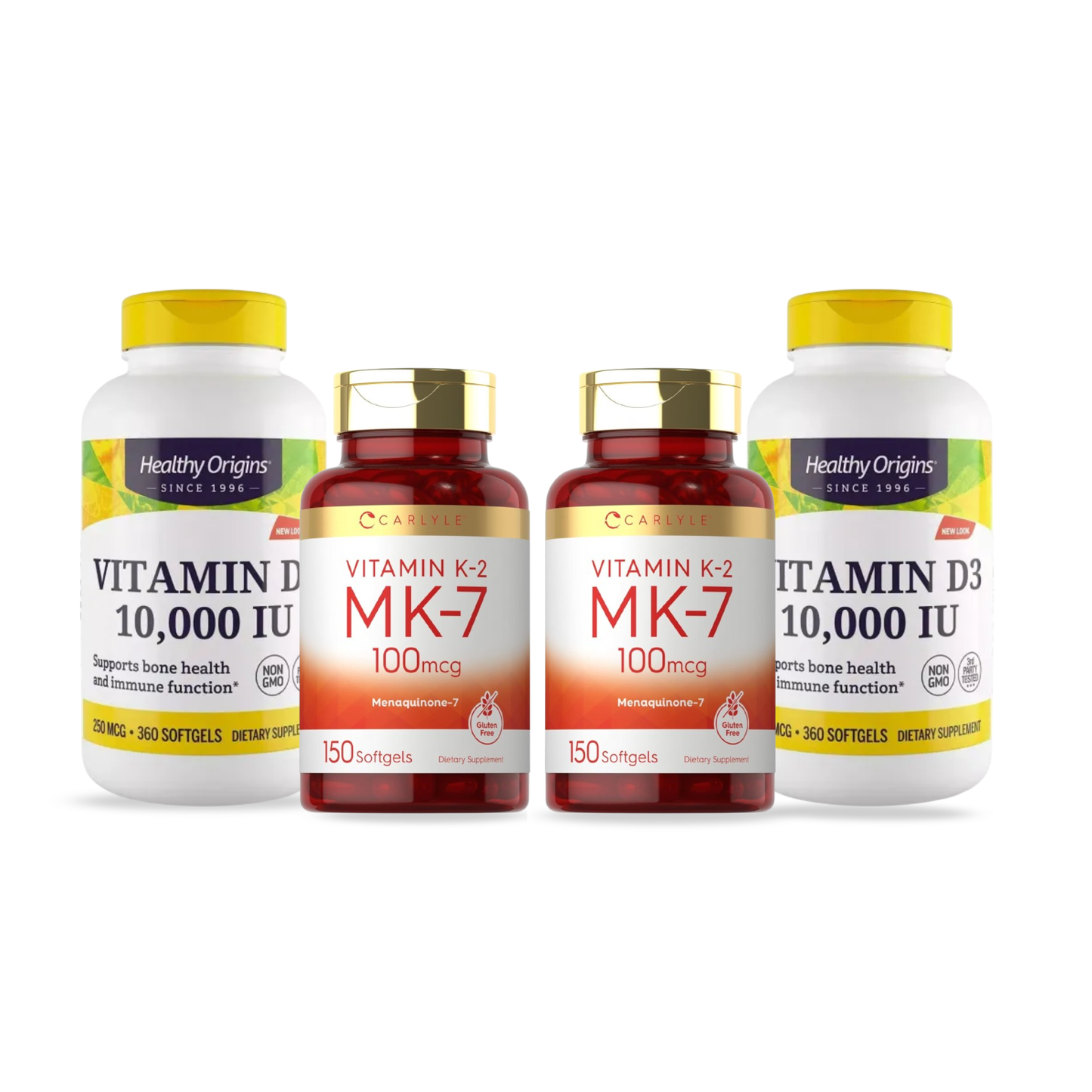 Combo 2 Healthy Origins Vitamina D3 10.000 UI, 360 Softgels + 2 Carlyle Vitamina K2 MK7 100 mcg, 150 Softgels