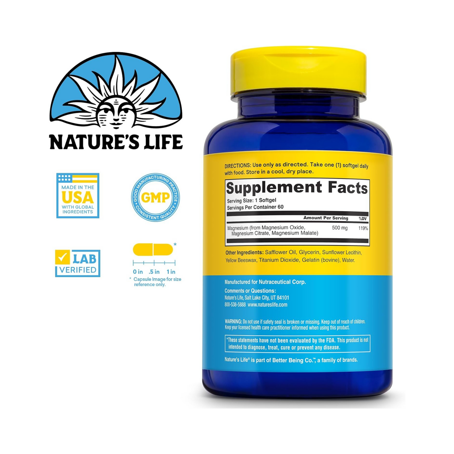 Nature's Life SoftMag 500 mg – Magnésio Complexo com Citrato e Malato, 60 Softgels