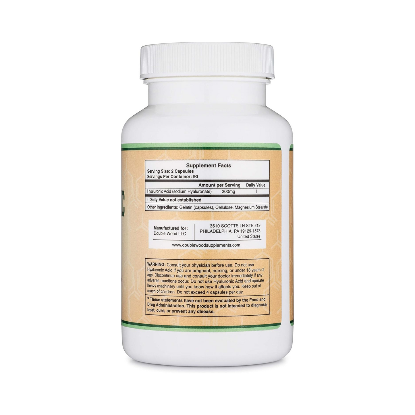Double Wood Suplemento de Ácido Hialurônico, 200mg, 180 Cápsulas