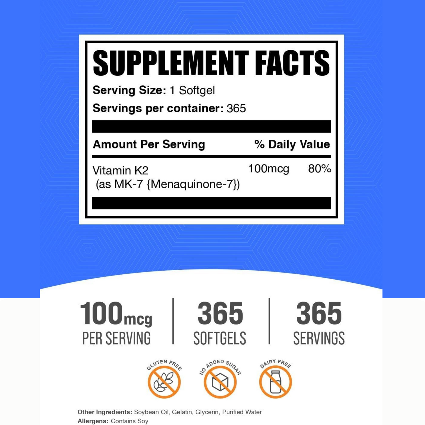 BulkSupplements Vitamina K2 MK7, 100mg por Porção, 365 Cápsulas Gelatinosas