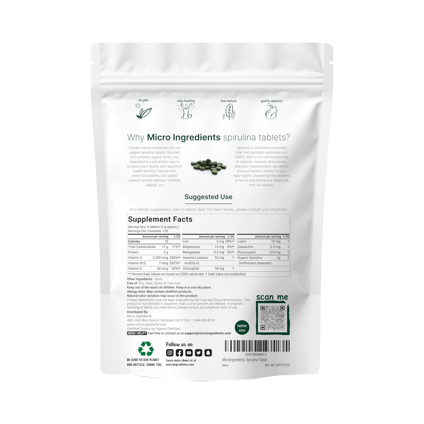 Micro Ingredients Spirulina Orgânica, 3000 mg por Dose, 720 Comprimidos