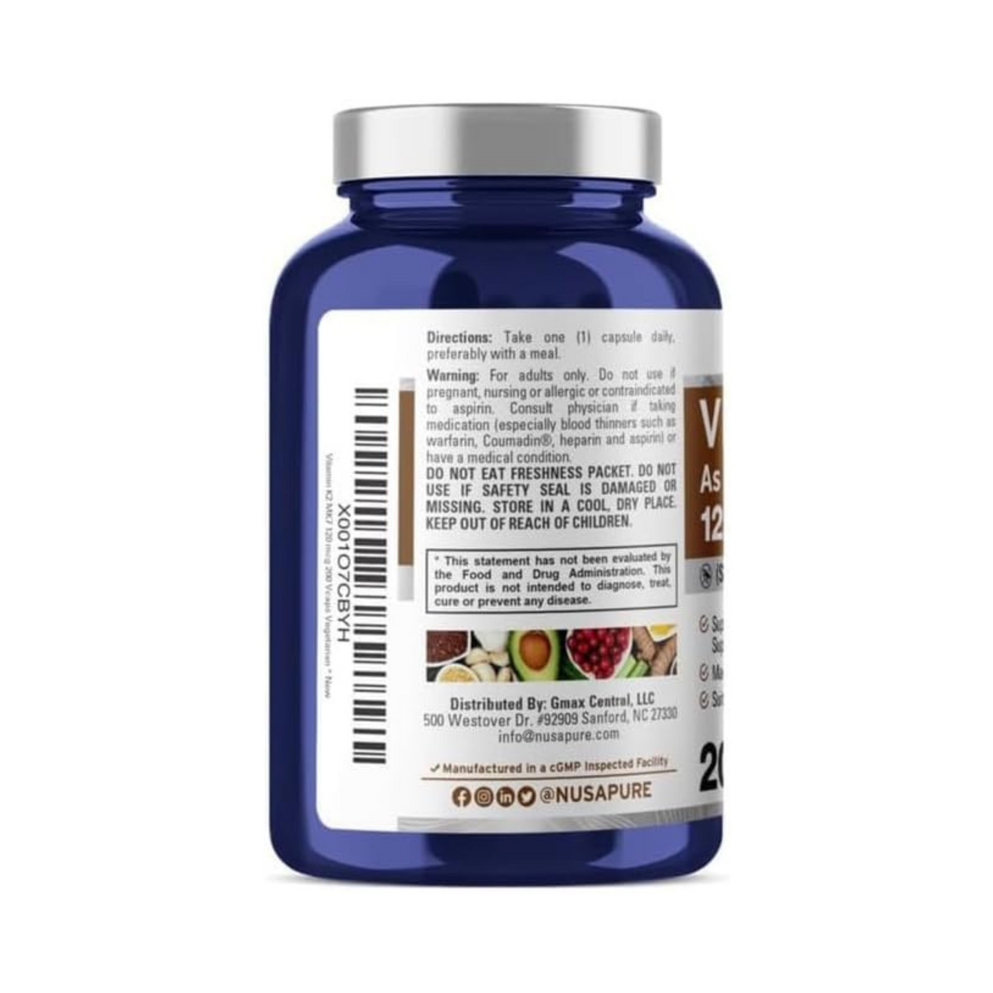 NusaPure, Vitamina K2 MK7, 120 mcg, 200 cápsulas vegetais