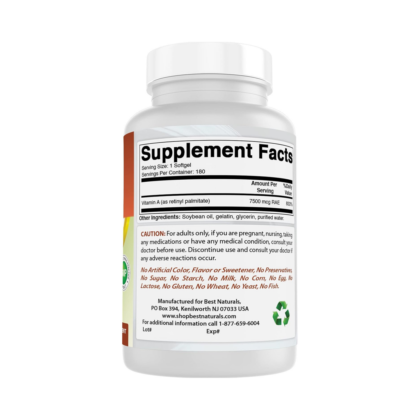 Best Naturals Vitamina A 25.000 UI (7.500 mcg), 180 Cápsulas Gelatinosas