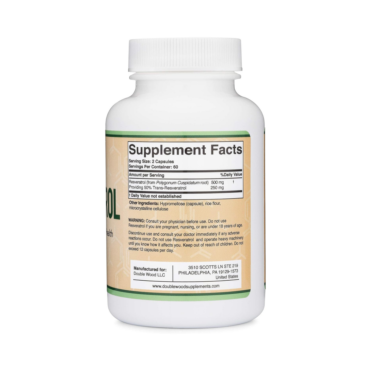 Double Wood Suplemento de Resveratrol, 500mg, 120 Cápsulas