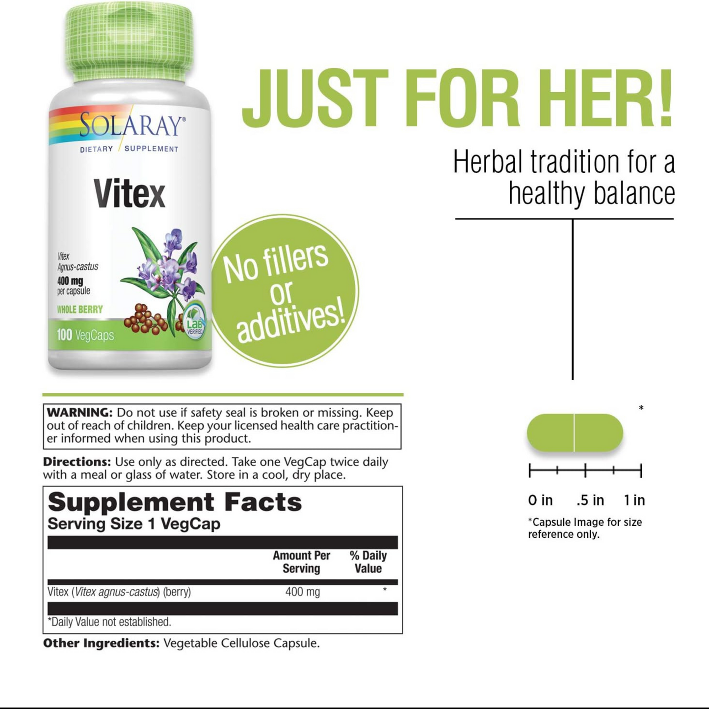 Solaray Vitex Berry 400 mg, Suporte para Menstruação e Menopausa, 100 Cápsulas Vegetarianas