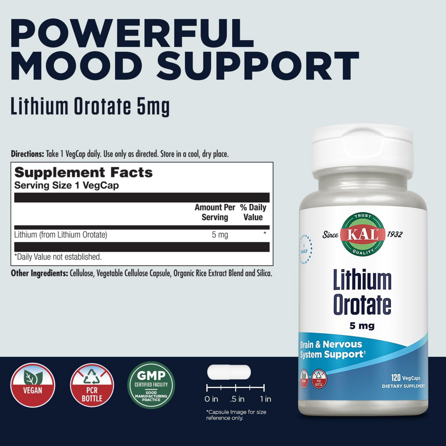 KAL Orotato de Lítio, 5 mg com Extrato de Farelo de Arroz Orgânico, 120 VegCaps