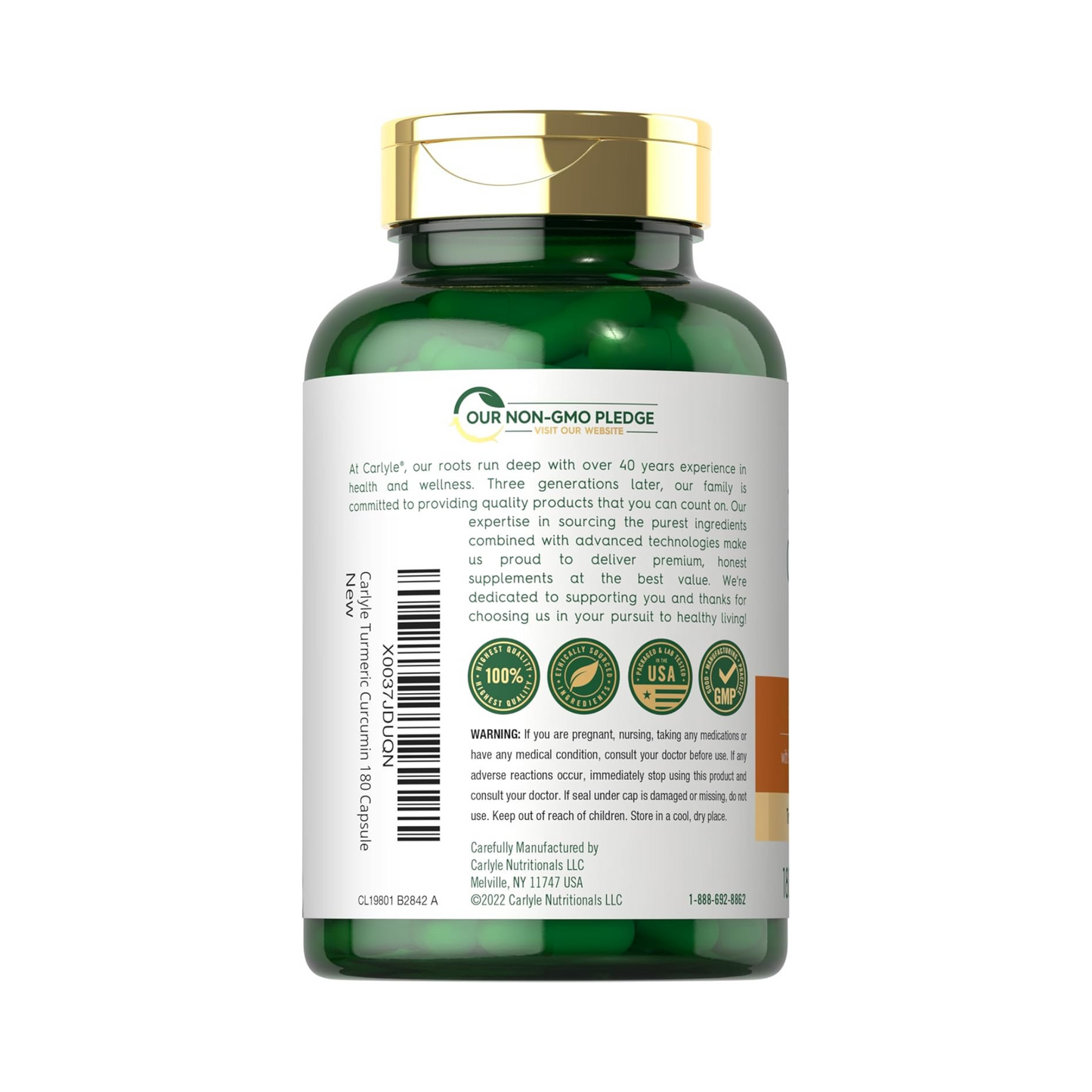 Carlyle Cúrcuma, Turmeric Curcumin, 500 mg, com Extrato de Pimenta-Preta, 180 Cápsulas