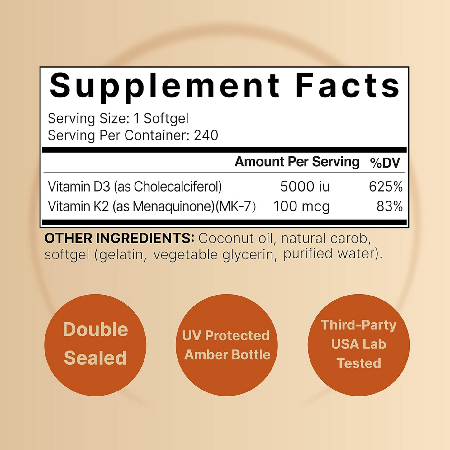 NatureBell Vitamina D3 5000 UI com K2 MK7 100 mcg com Óleo de Coco Virgem 240 Cápsulas Gelatinosas