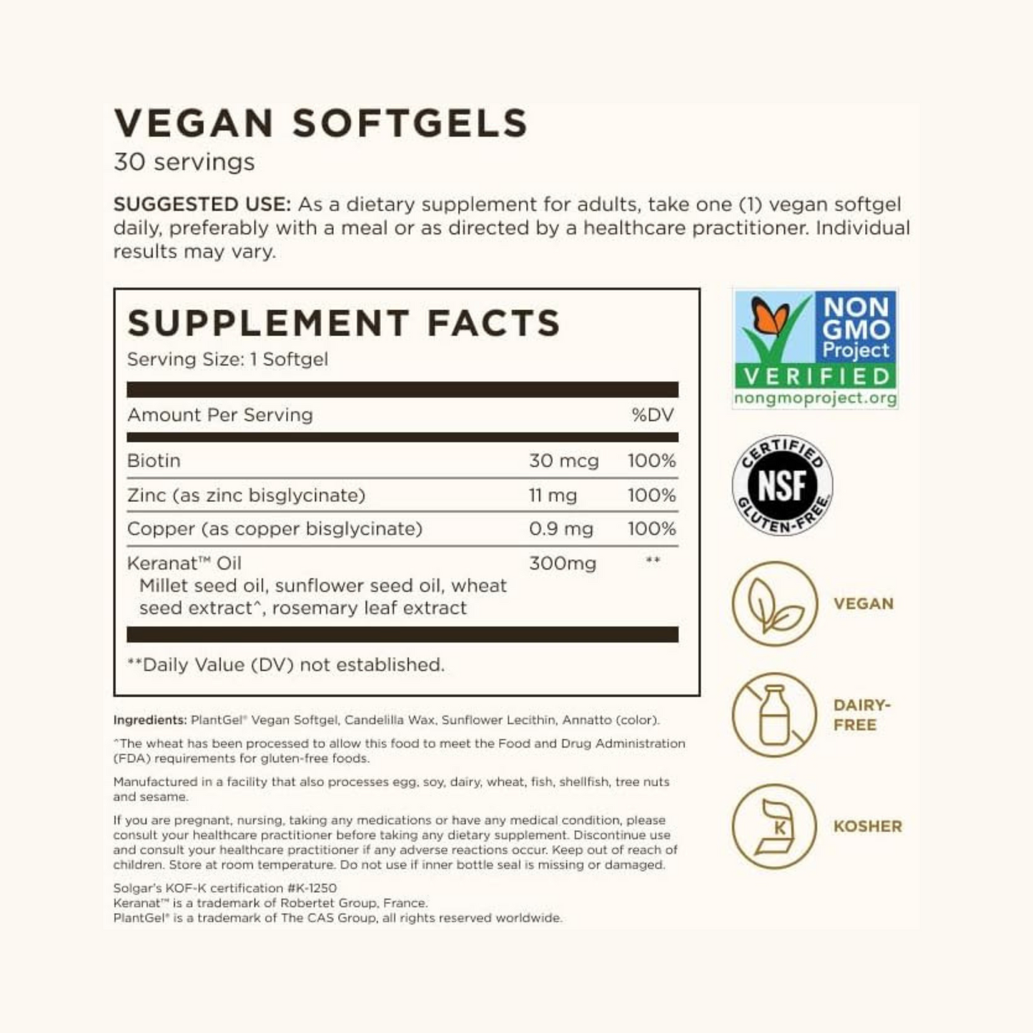 Solgar Hair Growth, Nutrição Antienvelhecimento para Crescimento Capilar, Keranat Oil, Biotina, Zinco e Cobre, 30 Cápsulas Veganas